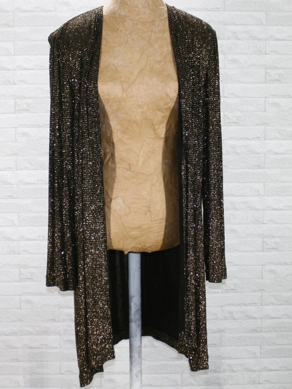 R&M RICHARDS Jacket Open Front Knit Metallic Long Black Gold Plus Size 16